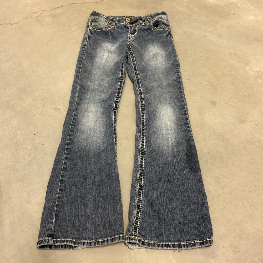 Angels Jeans Womens 3 Short Bootcut Denim Medium Wash Contrast Stitch Low Rise